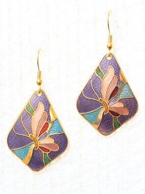 RT Cloisonné Enamel Butterfly Purple Pink Dangle Earrings Gold Tone